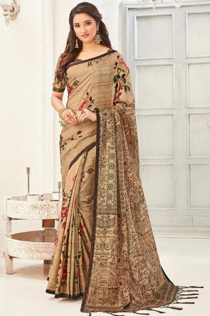 Buy Coffee Brown Color Shinny Silk Printed Saree Party Wear Online at Best  Price | Cbazaar