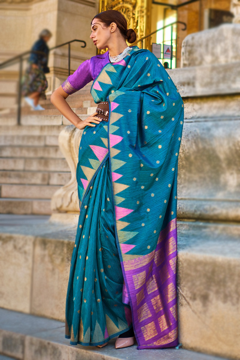Khadi Silk Sea Blue Printed Broad Border Saree SARV168993