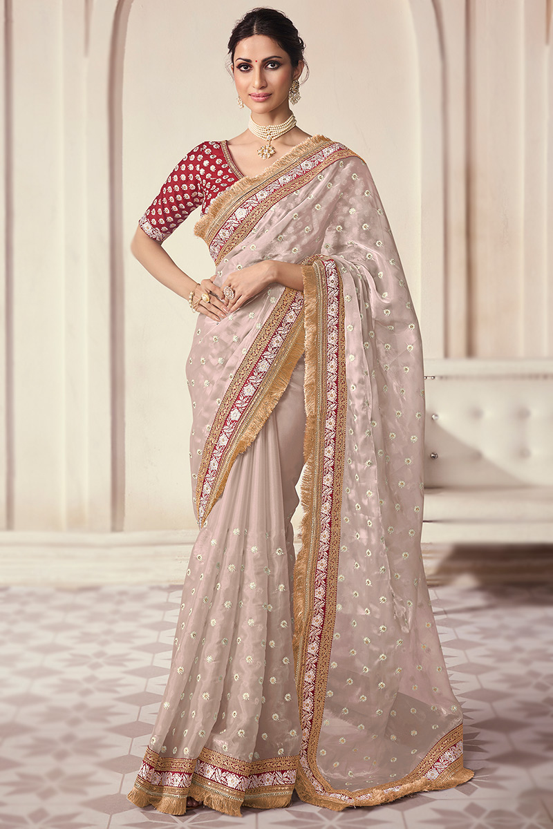 Kora Silk Creamy Pink Embroidered Shimmer Saree