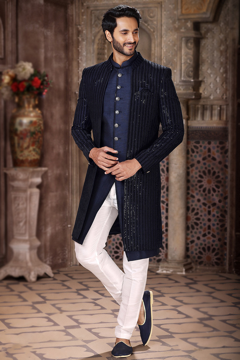 Lace Dupion Silk Navy Blue Jacket Style Men s Sherwani MSTV03304