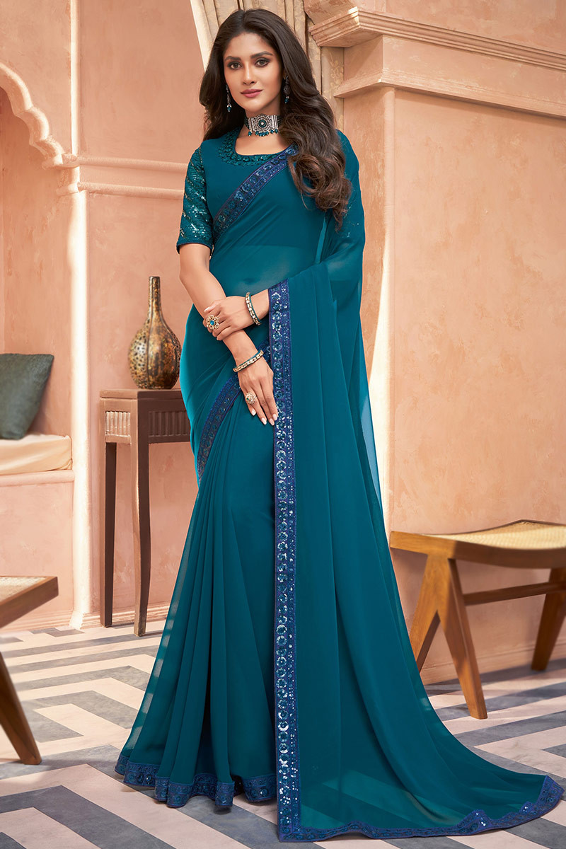 CM - Ocean Blue Colour Lichi Silk Saree