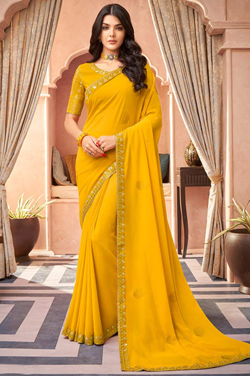 Buy Yellow Embroidery Work Georgette Saree Online