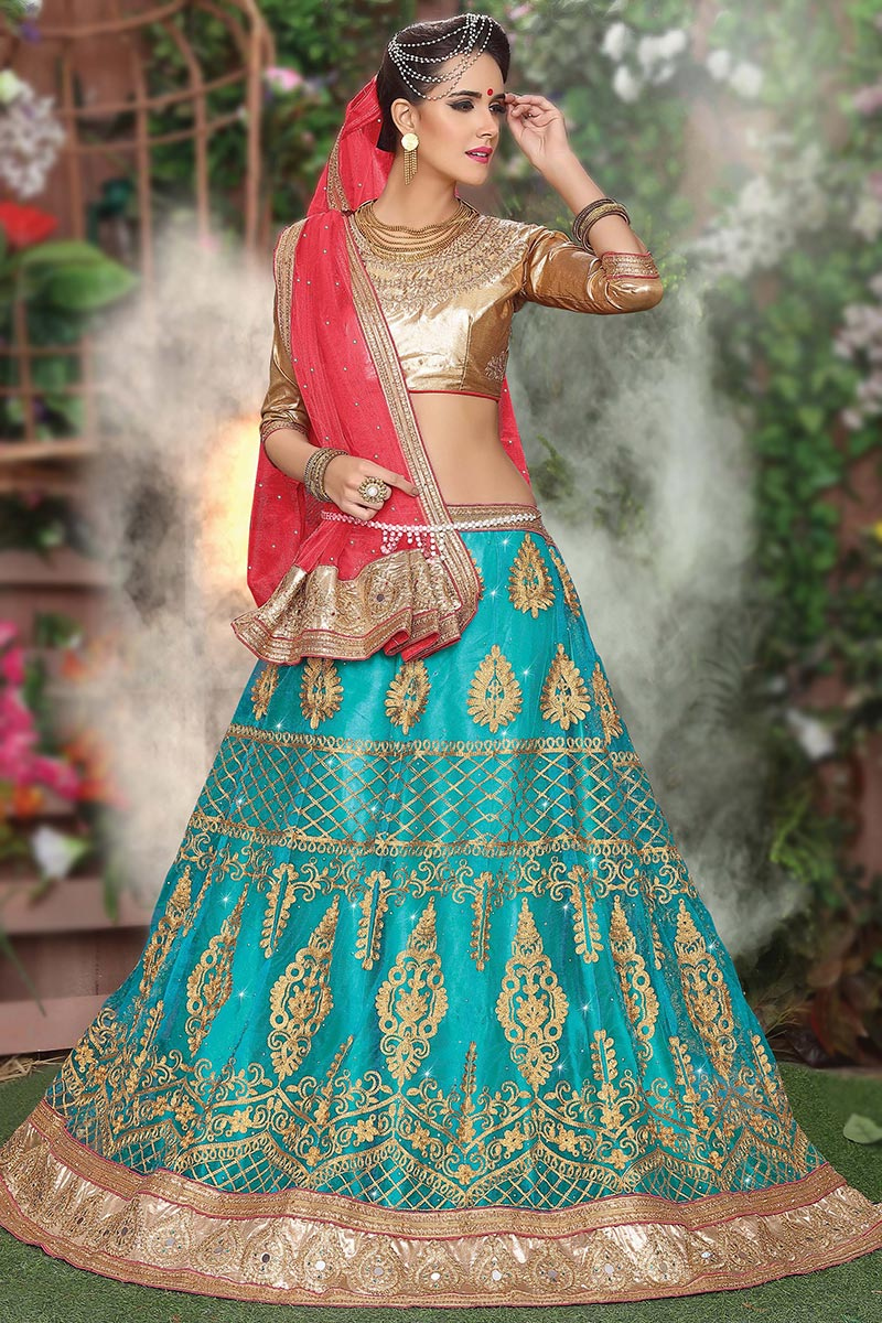 Lace Embroidered Net Turquoise Blue Lehenga