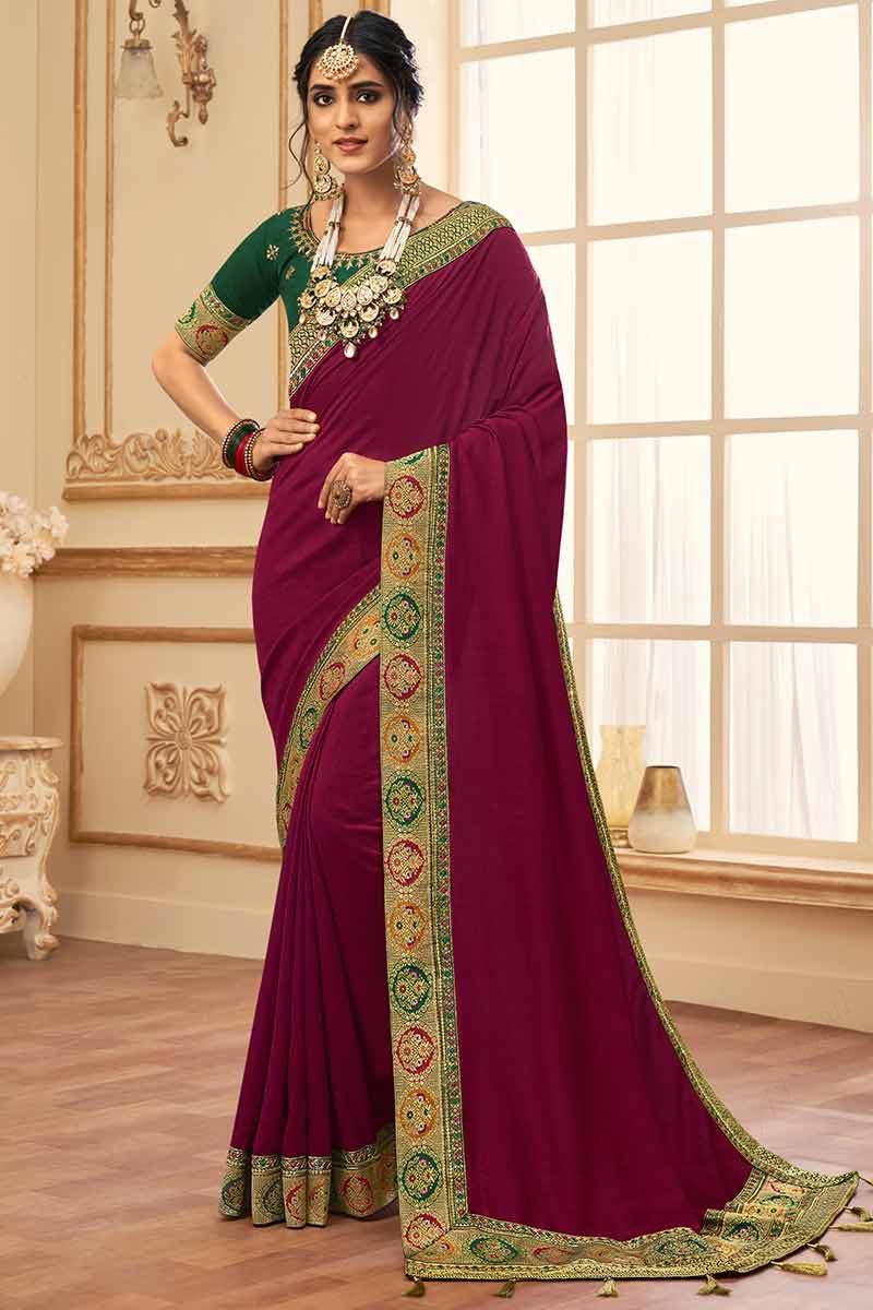 Silk Attractive New Design Fancy Maroon Saree With Swarovski Diamond (  Hotfix Dimond ) Work Party Wear & Festive Wear Saree