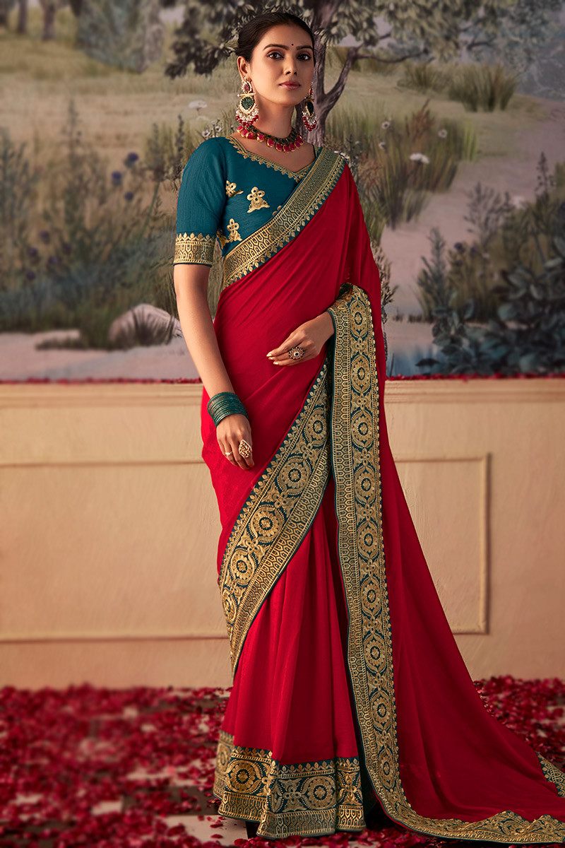 Lace Embroidered Silk Cherry Red Light Weight Saree