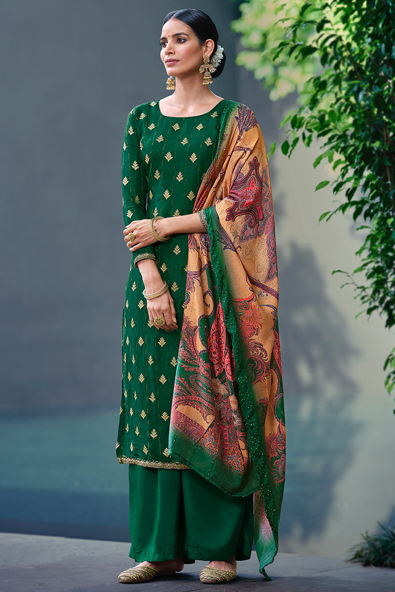 Latest Fashion Palazzo Suit in Dark Green Embroidered Fabric LSTV117844