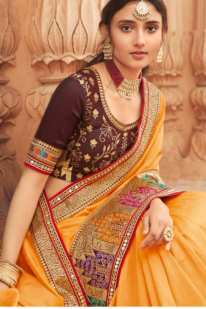 Lace Embroidered Soft Silk Mustard Yellow Saree