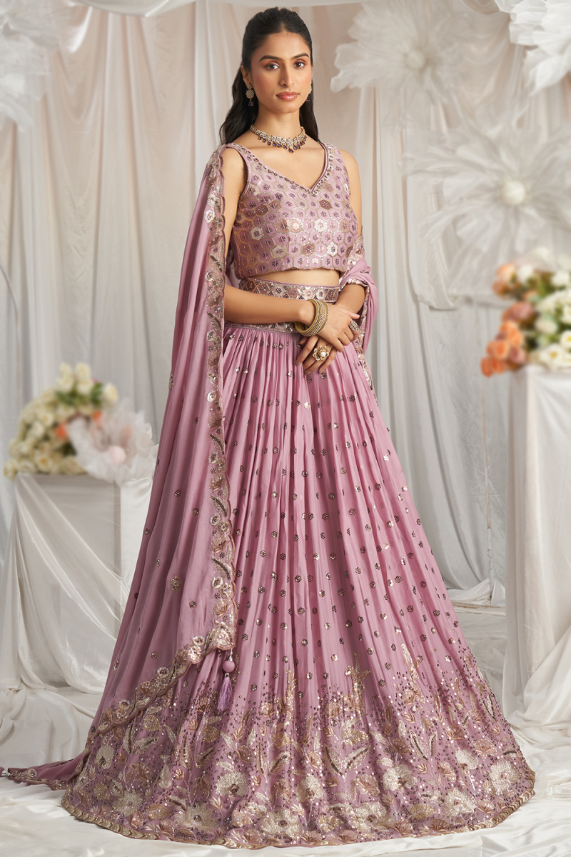 Lavender Pink Embroidered Georgette Flared Style Lehenga 