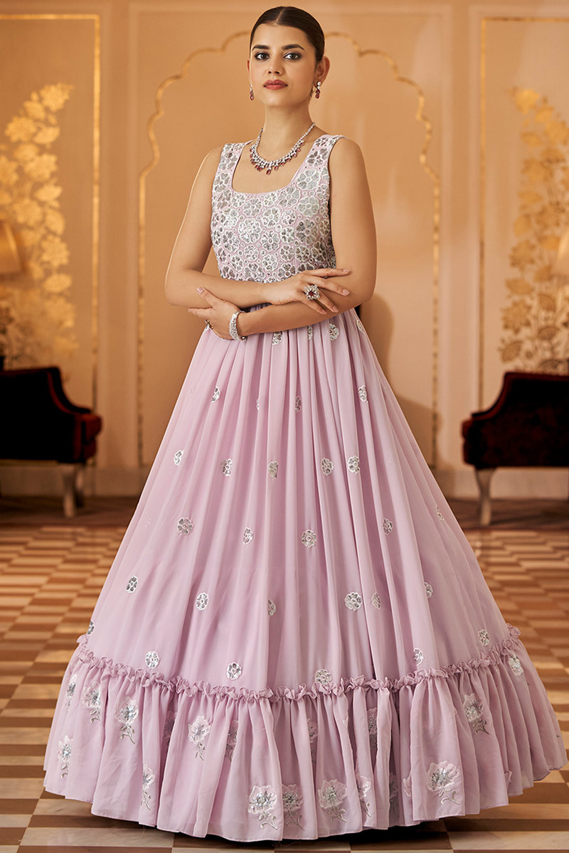 Lavender Pink Georgette Embroidered Gown