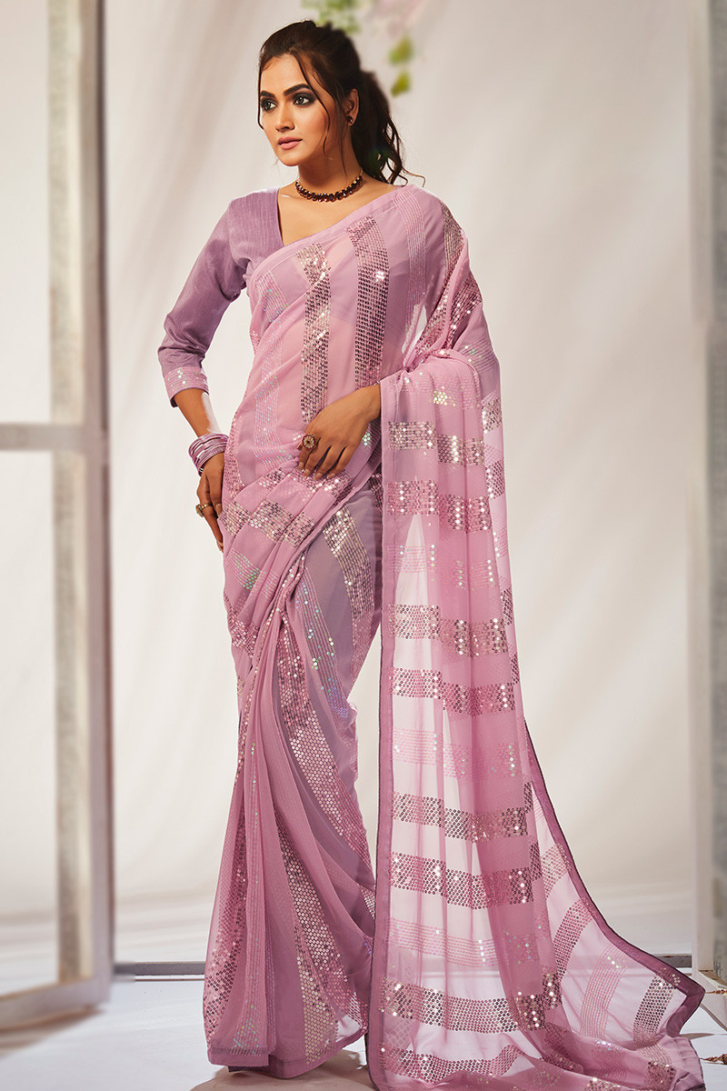 Shimmer silk georgette Saree with blouse in Lavender color