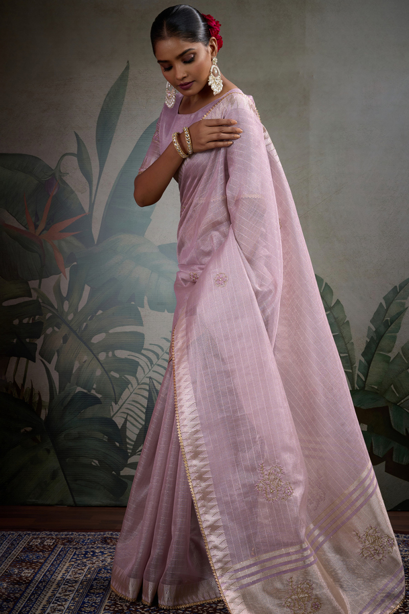 Lavender Pink Kora Silk Saree With Zari Work For Diwali