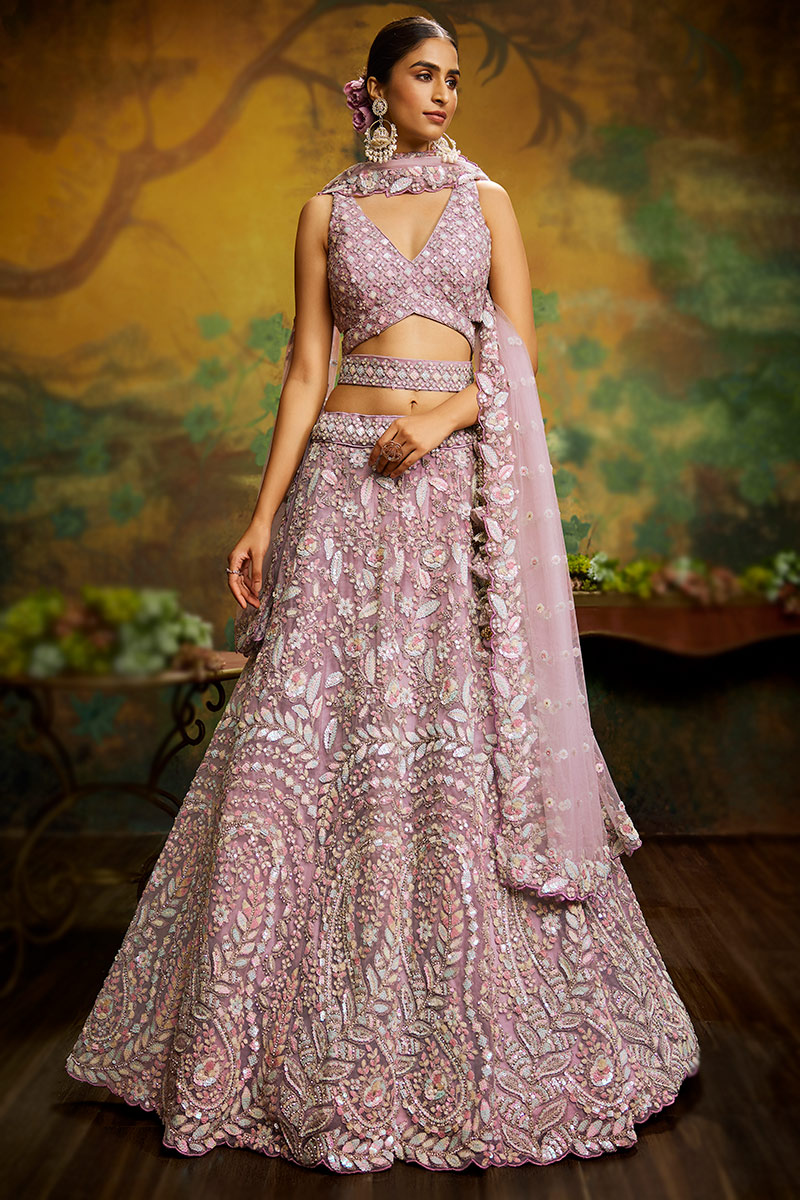 Lavender Pink Net Dori Embroidered Panelled Style Lehenga