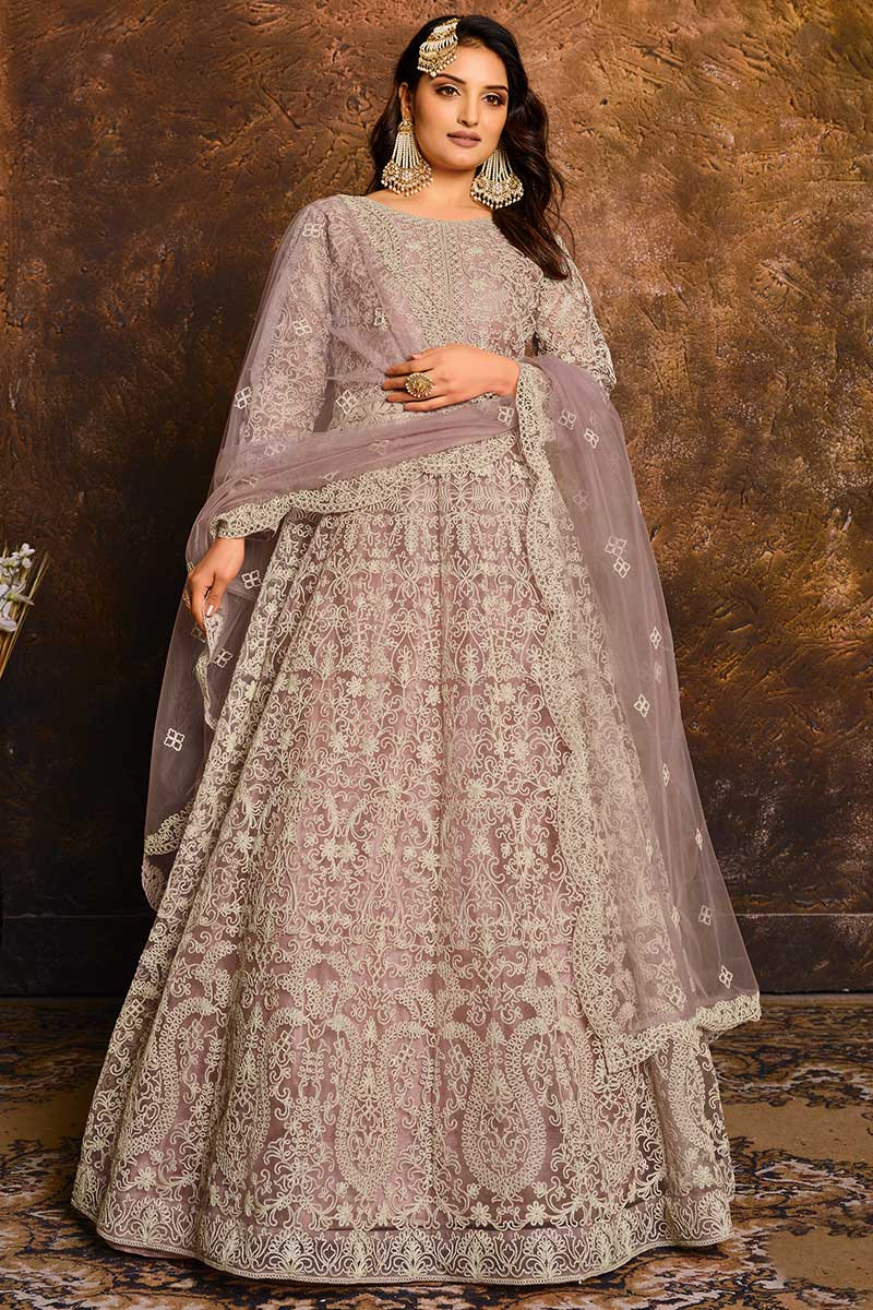 Lavender Pink Net Embroidered Indian Anarkali Suit