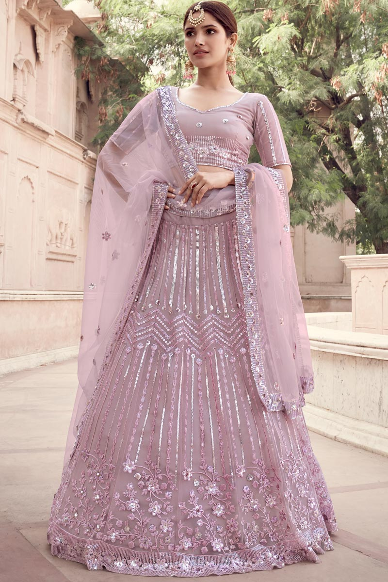 Lavender Pink Net Embroidered Lehenga