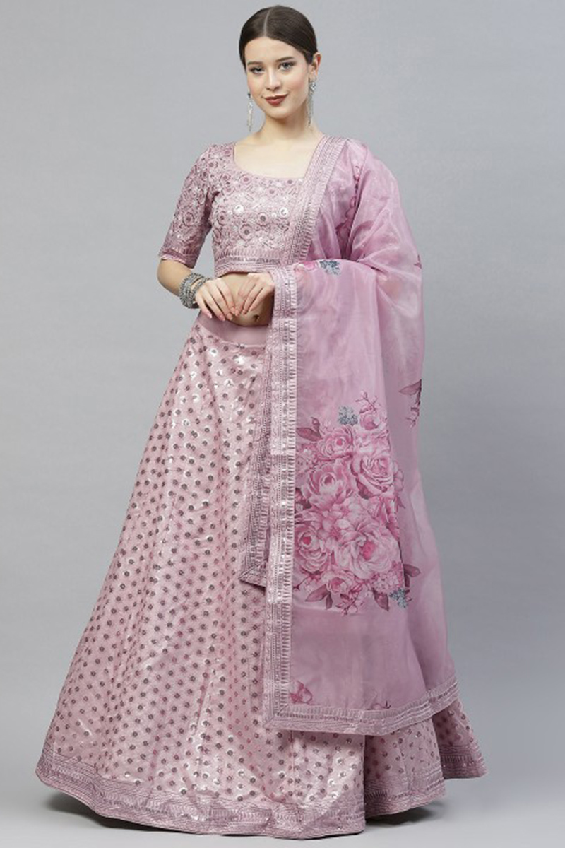 Lavender Pink Sequins Embroidered Silk Panelled Style Lehenga