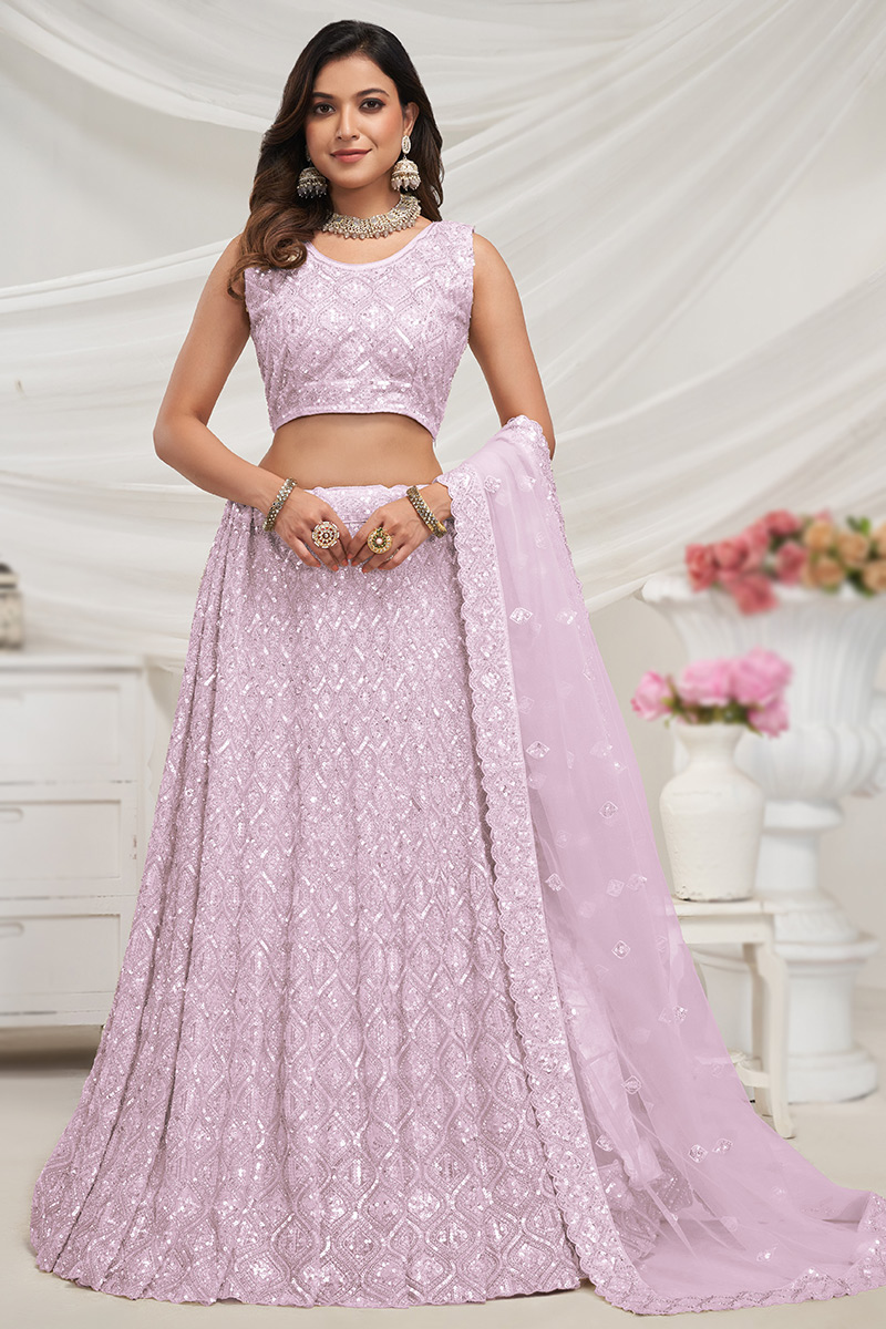 Lavender Pink Stone Embellished Net Panelled Style Lehenga