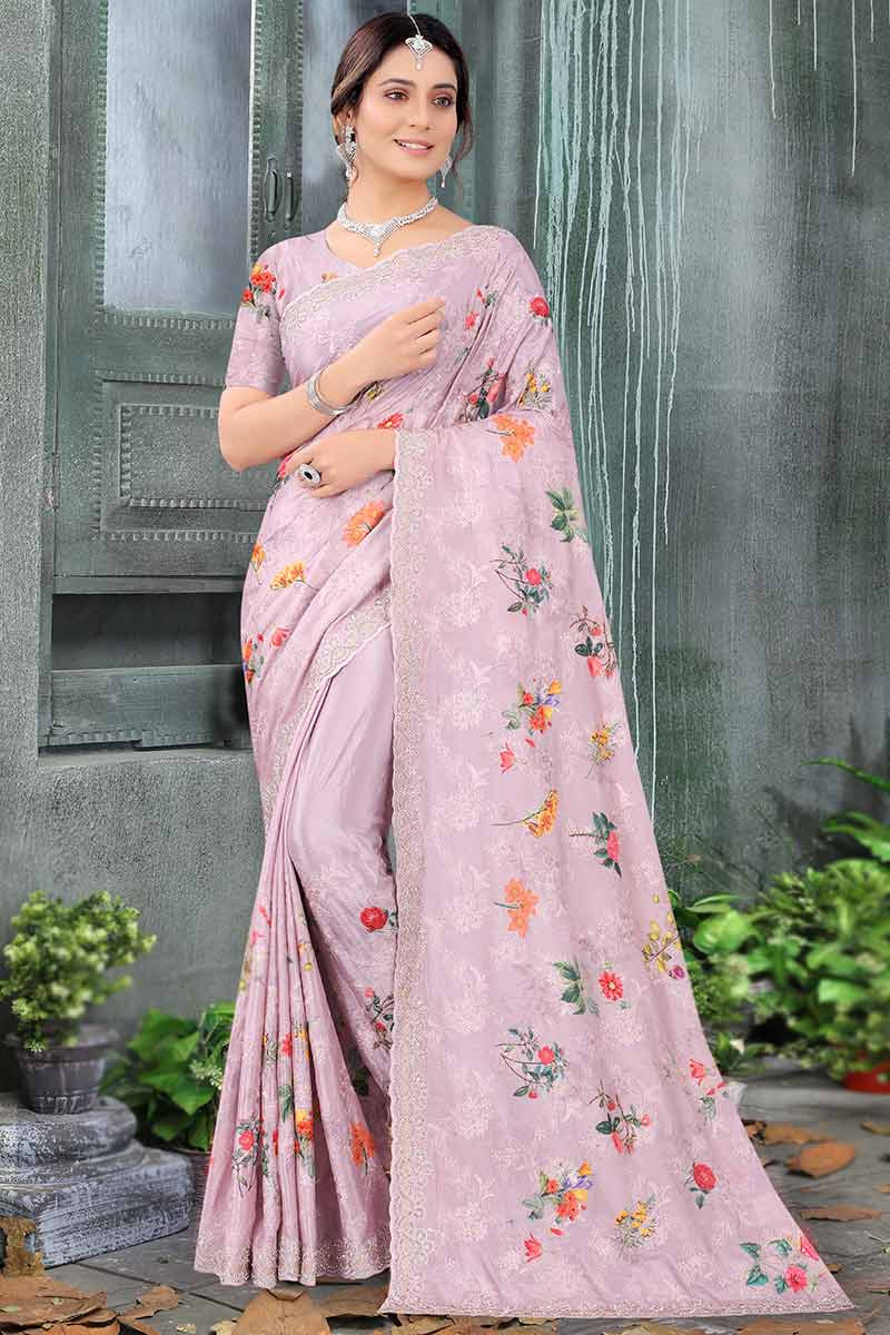 Best Price Lavender Purple Chinnon Printed Party Wear Saree SARV119019