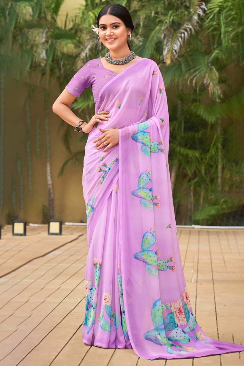 Fetching Border Work Party Style Georgette Silk Saree In Lavender Colo