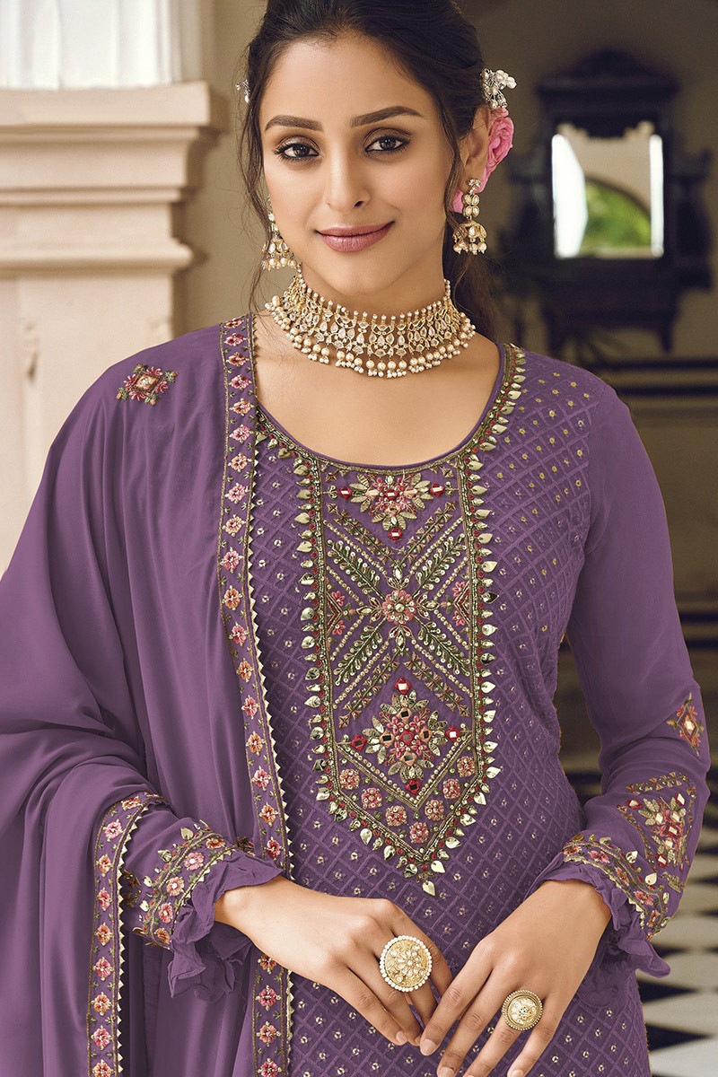 Fancy Embroidered Georgette Plum Purple With Ankle Pants Suit