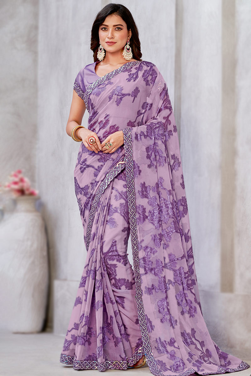 Kasee Women Lavender Embroidered Beads and Stones Saree With Unstitched  Blouse Piece