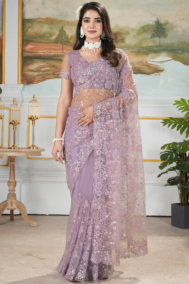 Lavender Purple Net Embroidered Fancy Saree 
