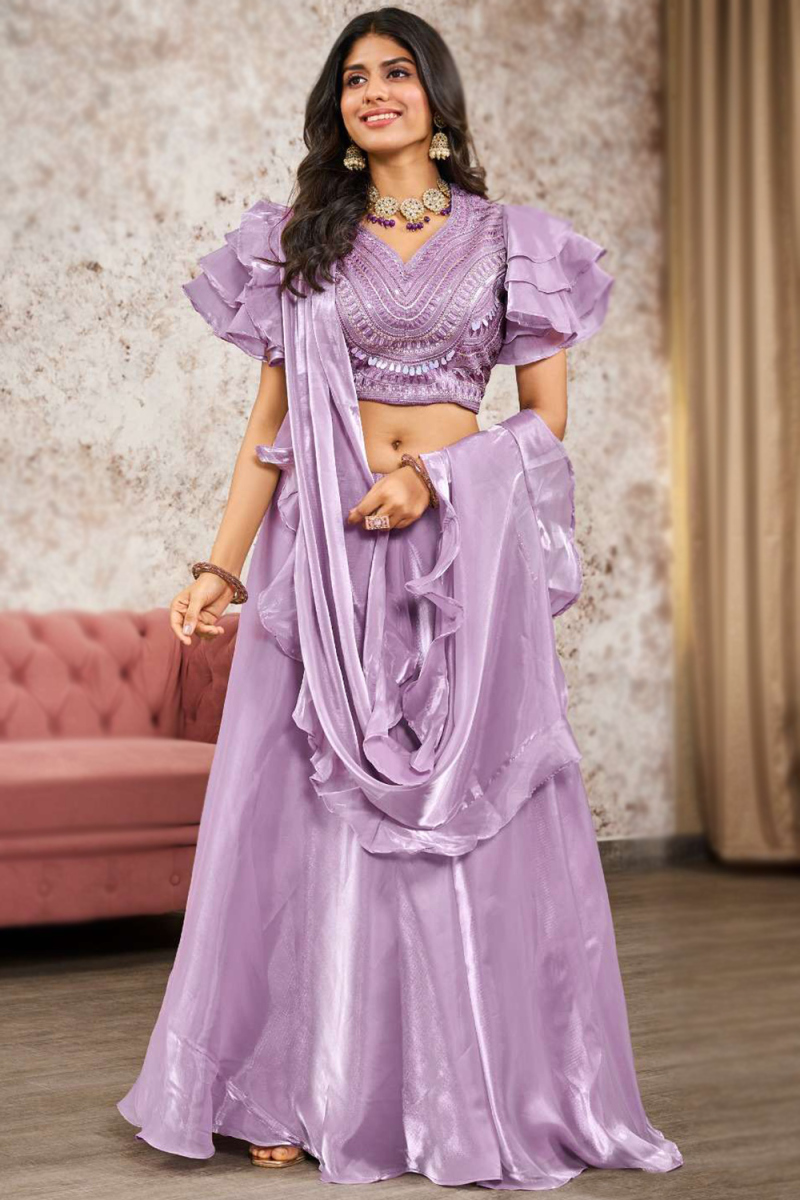 Lavender Purple Tissue Silk Embroidered A-Line Style Lehenga