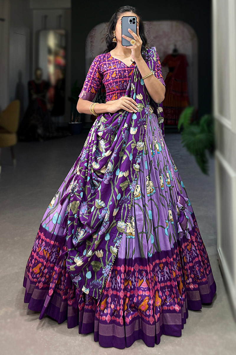 Light Purple Tussar Silk Printed Flared Style Chaniya Choli