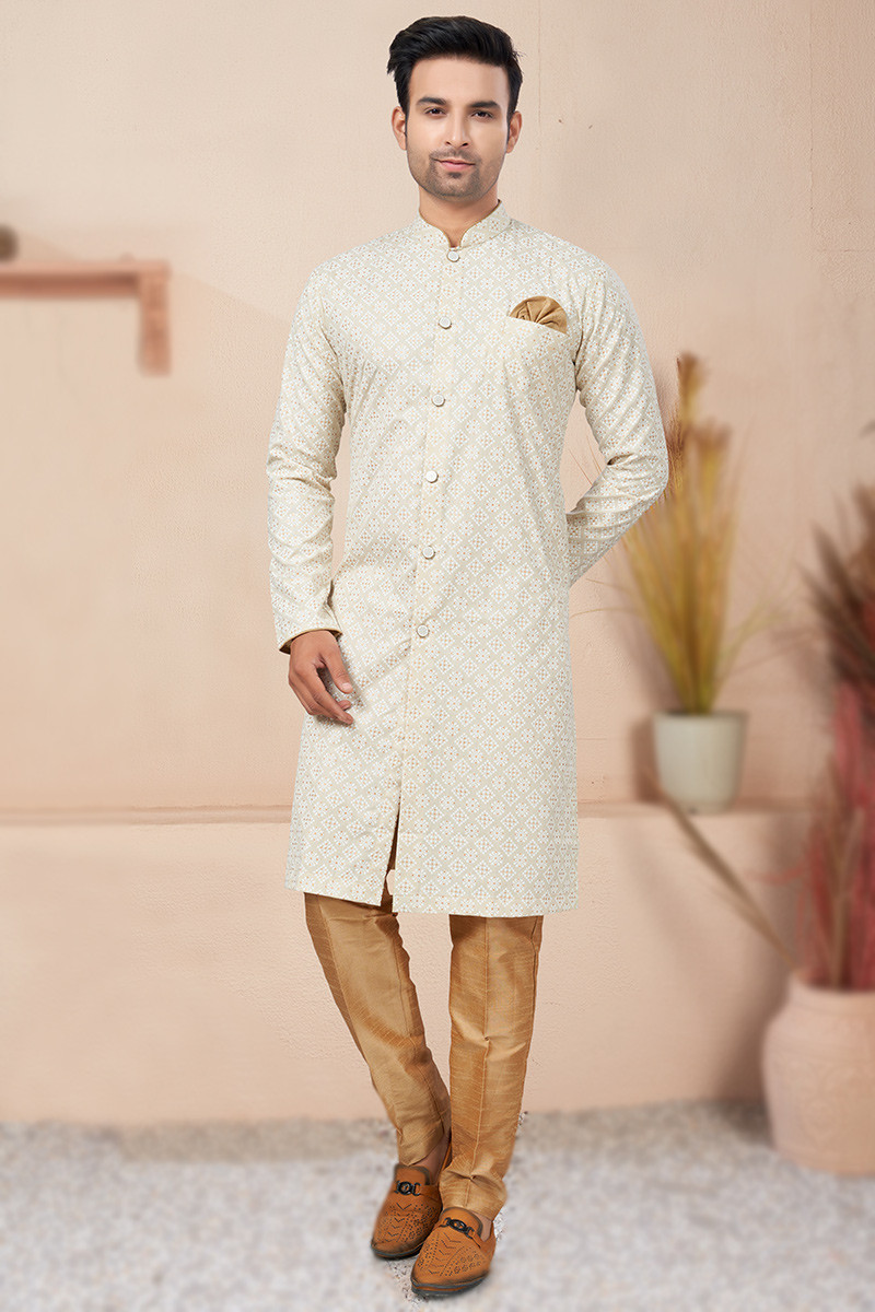 Andaaz Fashion Light Beige Cotton Printed Indo Western Men s Sherwani