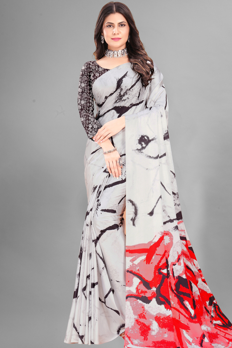 Light Beige Crepe Digital Print Light Weight Saree 
