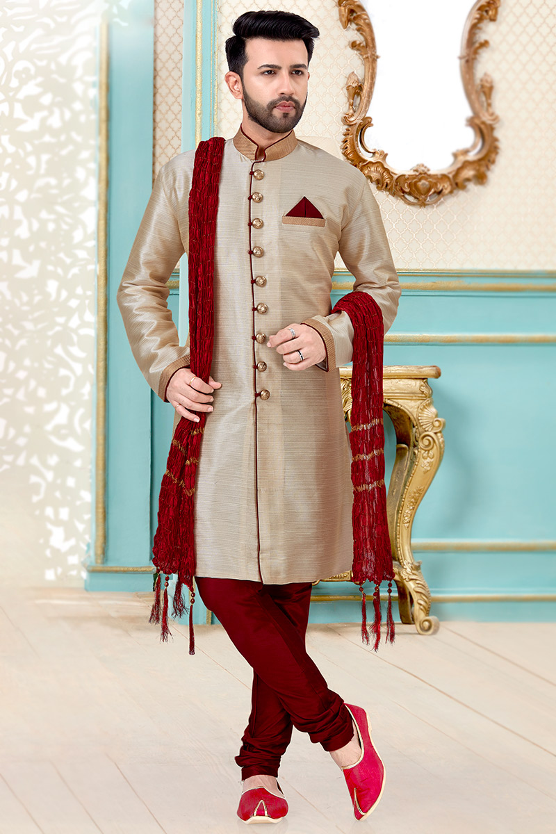 Light Beige Dupion Silk Men Sherwani With Churidar
