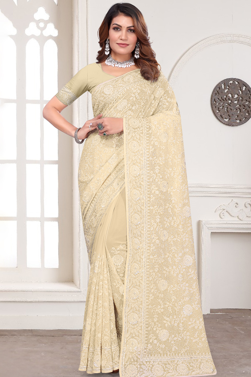 Light Beige Georgette Saree for Festival Wear with Sequins Work