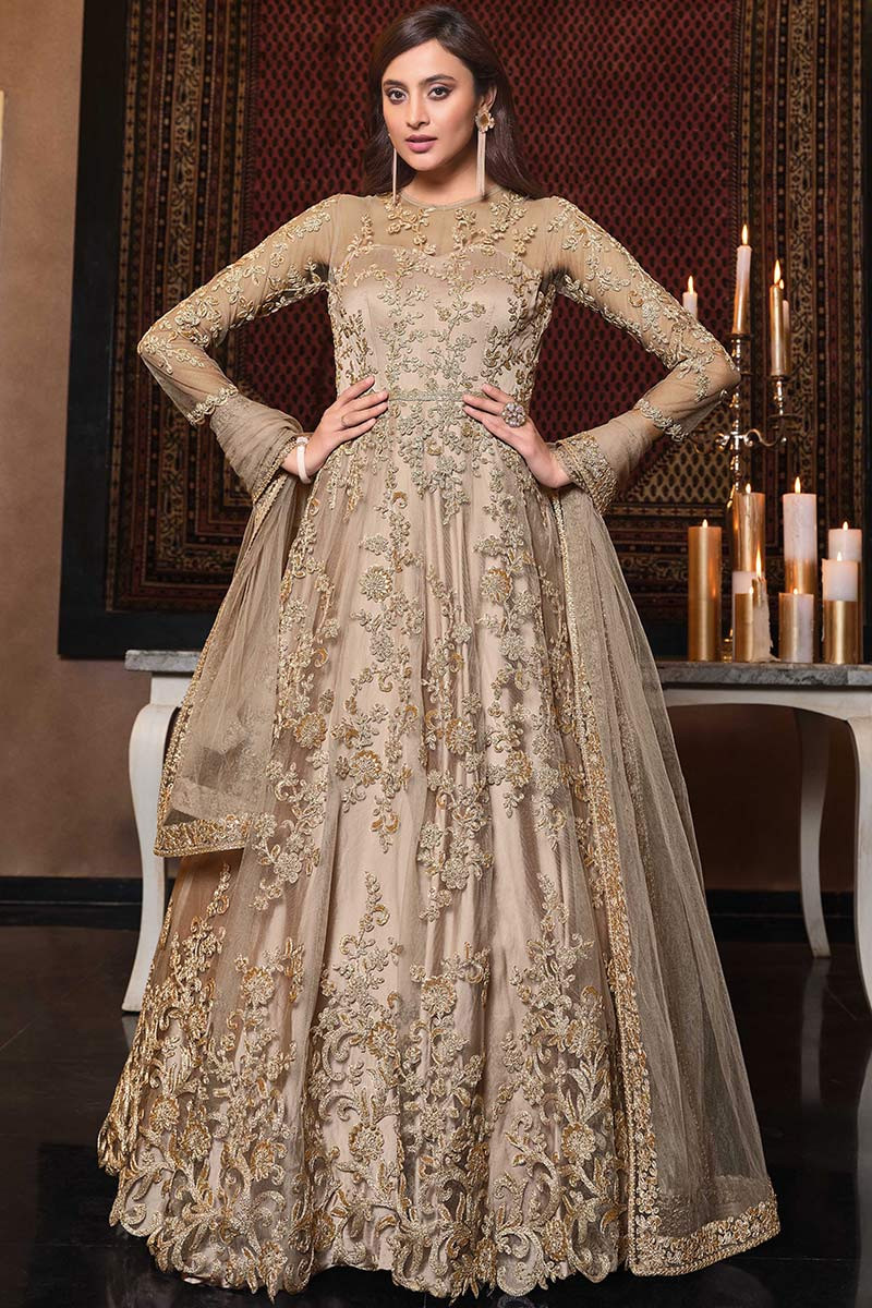 Beige anarkali suit deals