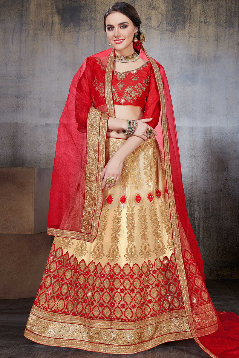 Net Light Beige Dori Embroidered Wedding Wear Lehenga