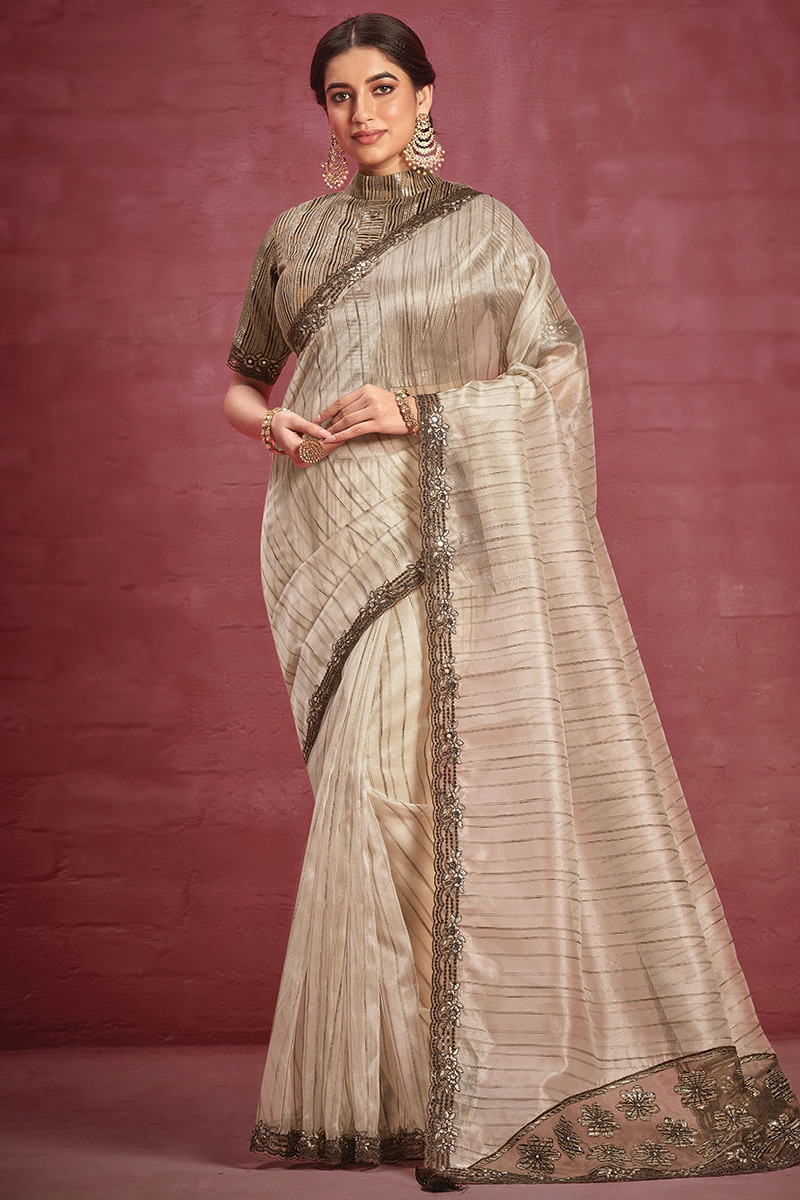 Light Beige Organza Silk Woven Saree