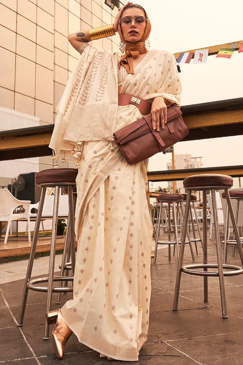 Light Beige Poly Viscose Woven Saree