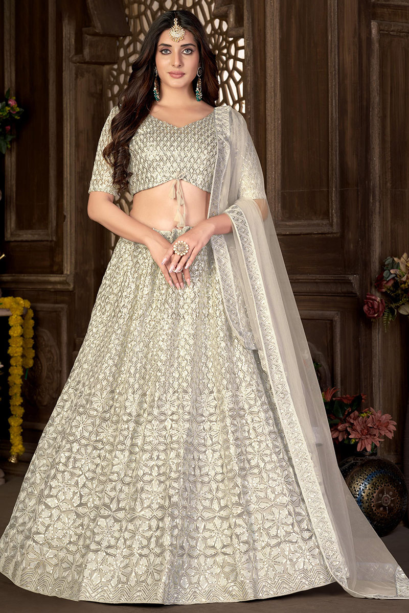 Light Beige Sequins Embroidered Net A-line Lehenga 