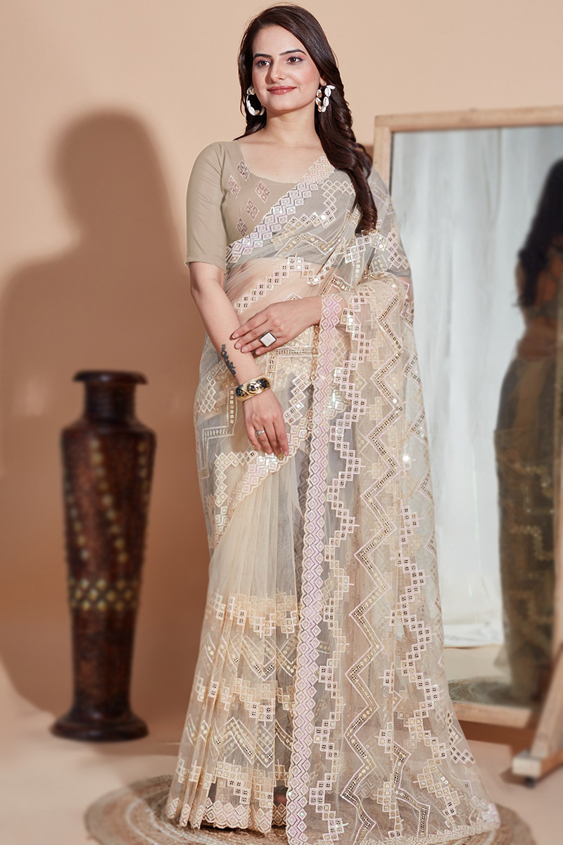 Light Beige Sequins Embroidered Net Light Weight Saree