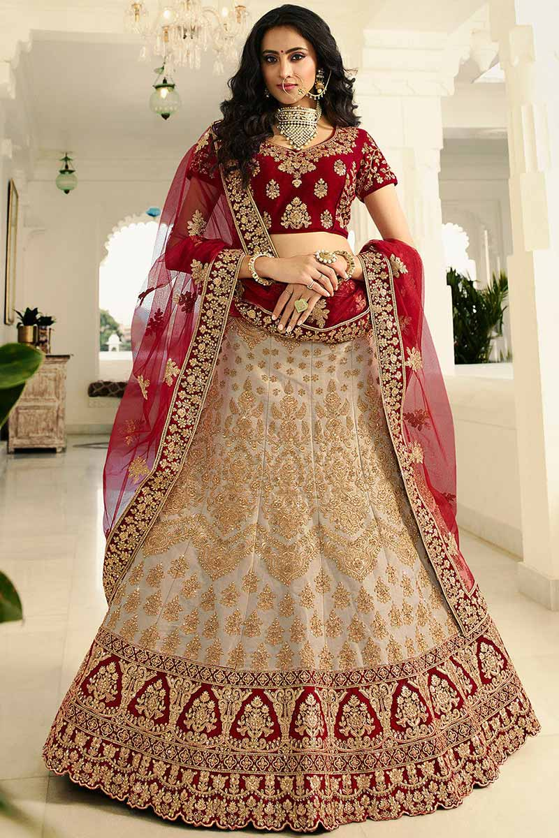Light Beige Silk Lehenga With Velvet Choli