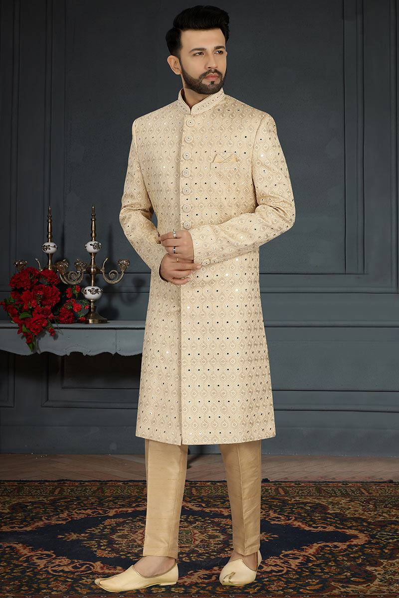 Light Beige Silk Mirror Embroidered Men Sherwani