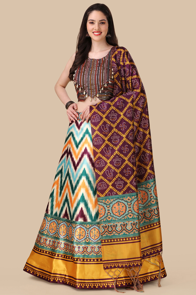 Light Beige Silk Lehenga with Plum Dupatta & Halter Blouse