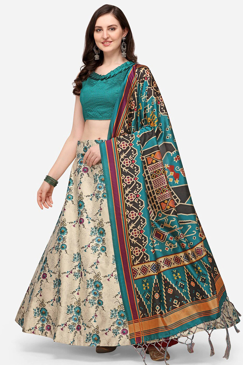 Beige Silk Lehenga with Thread Zari Work & Sea Blue Dupatta