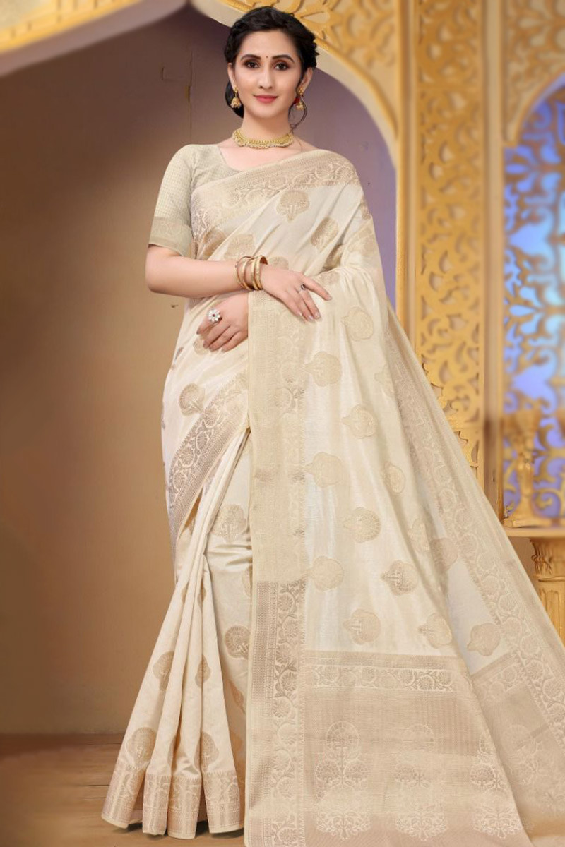 Beige Silk Woven Zari Party Wear Saree