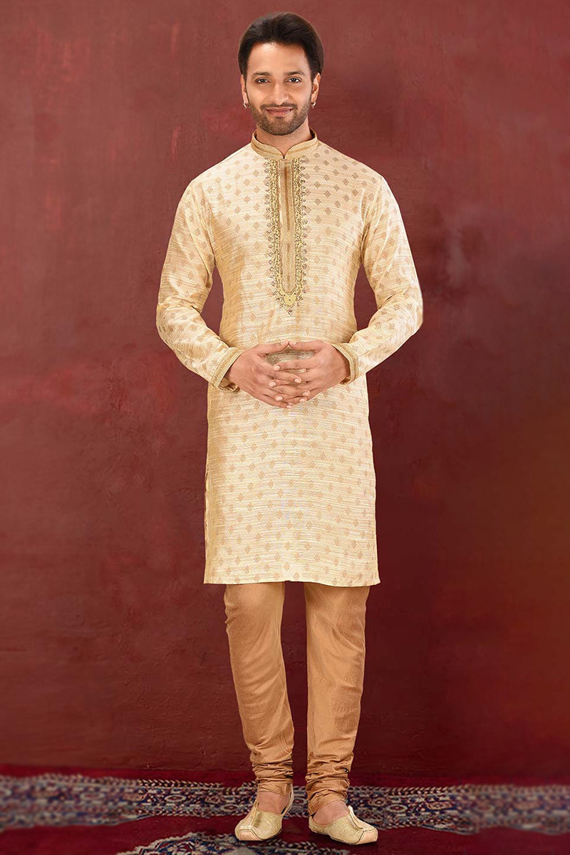 Light Biege Silk Embroidered Men's Churidar Kurta 