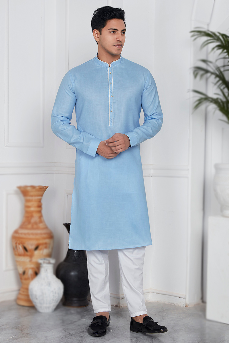 Light Blue Casual Wear Straight Cut Cotton Men s Kurta Pajama t