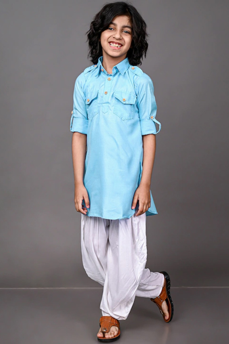 Light Blue Cotton Kid's Kurta Pajama