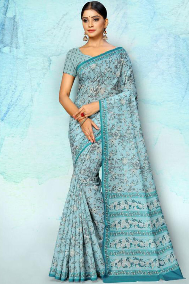 Light Blue Handwoven Linen Saree | Silver Zari Border | KIHUMS Saree –  kihums clothing