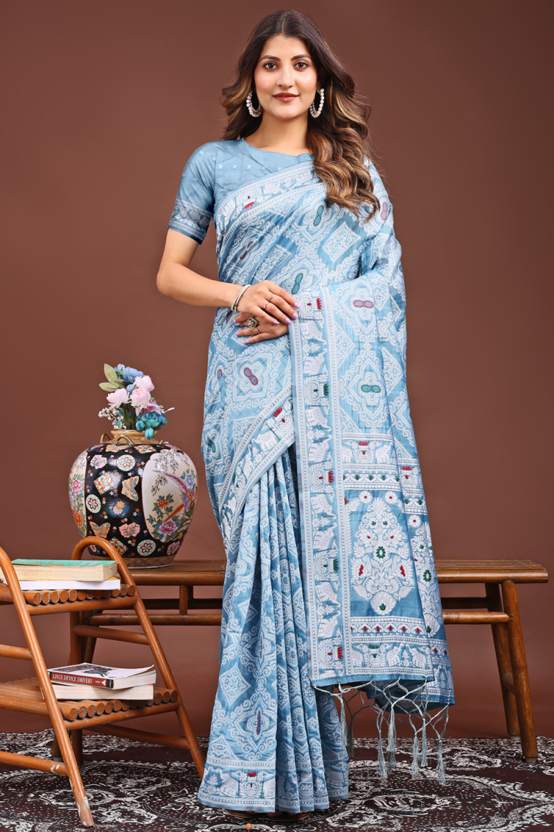 Light Blue Cotton Saree With Weaved Thread Work For Diwali