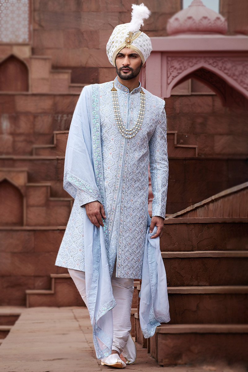 Light Blue Cutdana Embroidered Silk Wedding Wear Men s Sherwani MSTV03559