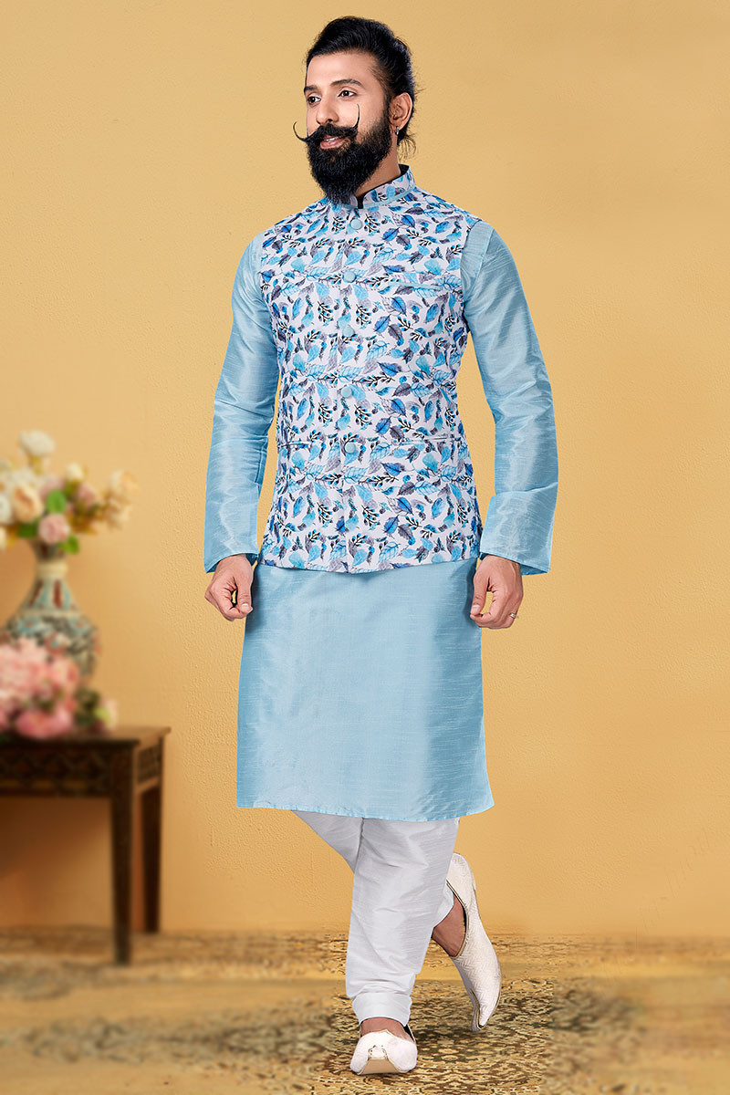 Eid Collection Light Blue Men s Churidar Kurta With Printed Jacket