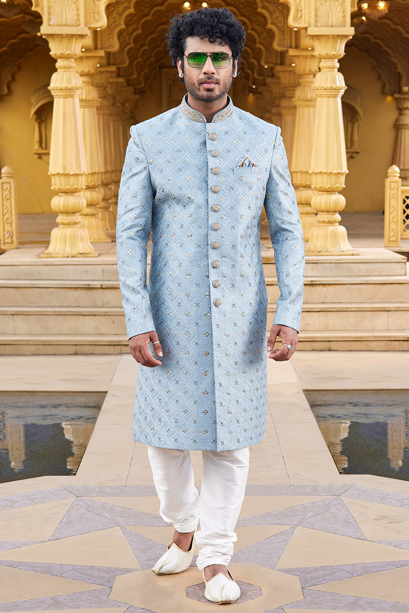 Light Blue Embroidered Silk Men s Sherwani For Sangeet MSTV03209